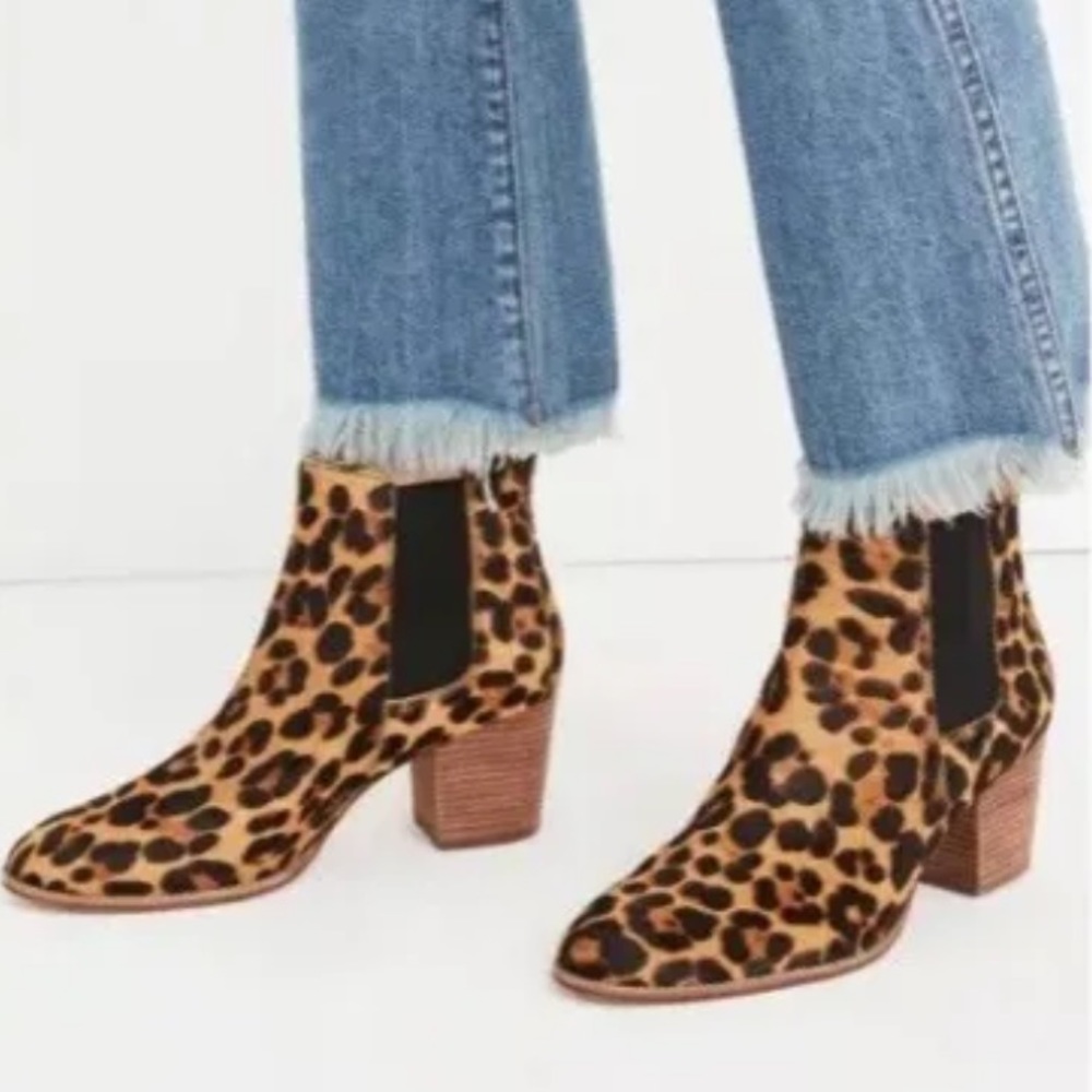 Madewell Reagan in leopard print calf hair fur/leather ankle heeled boots
